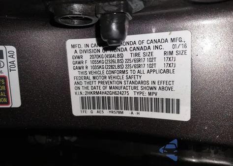 2016 Honda Cr-V Se from USA, damaged, VIN 2HKRM4H42GH624275